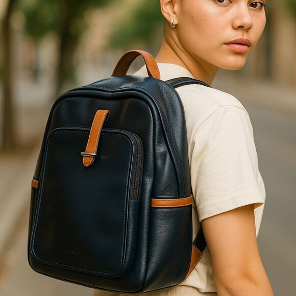 BOSTANTEN Leather Laptop Backpack – Black & Brown | Quiet Luxury Work Bag - Picture 1 of 12